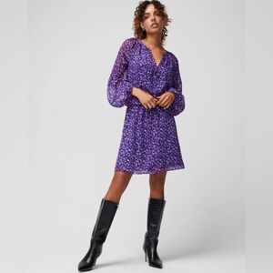 WHBM Smocked Waist Blouson Dress Speckled Dot Violet Small NWT